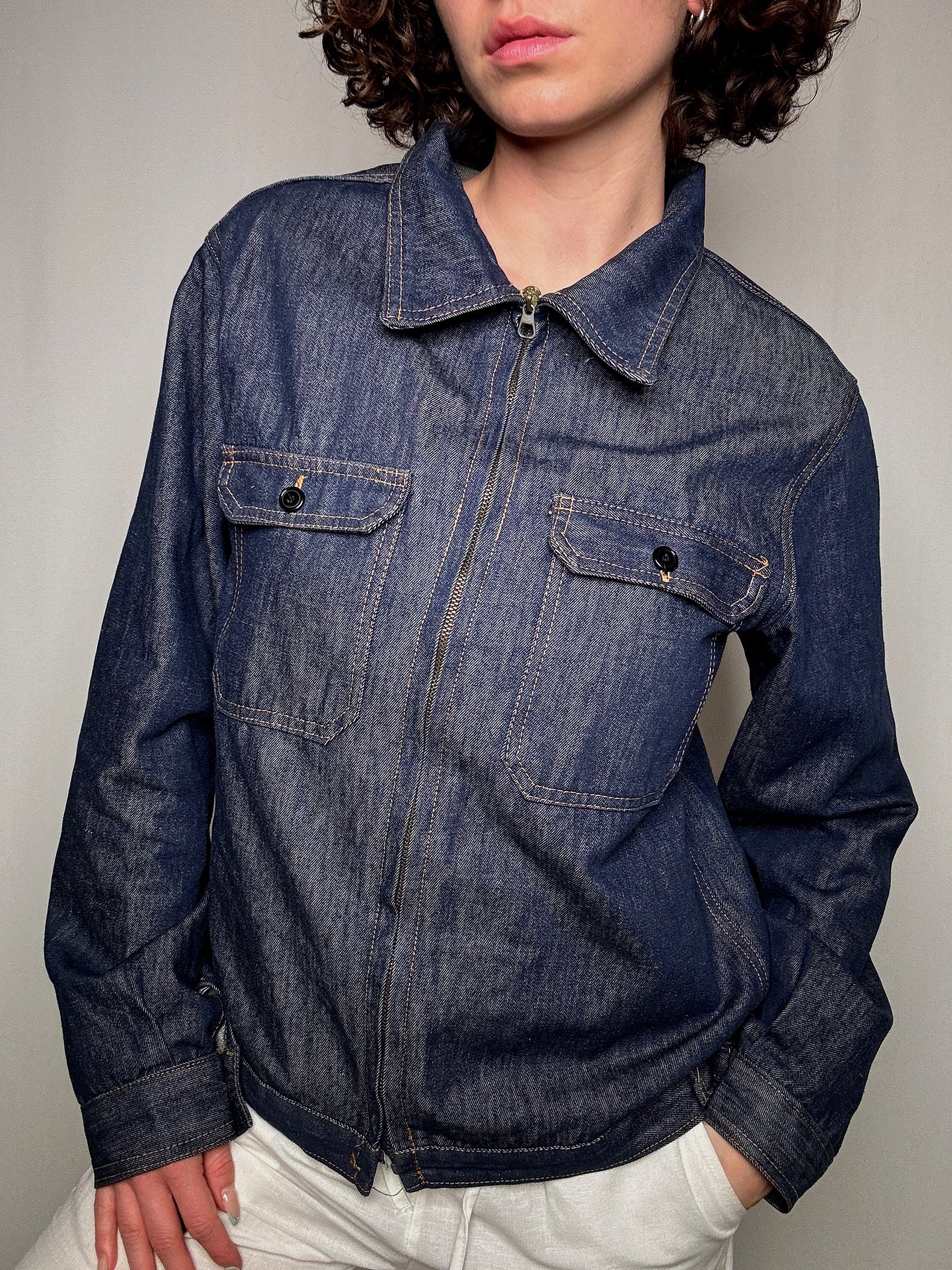 Veste en denim brut avec zip XL vintage