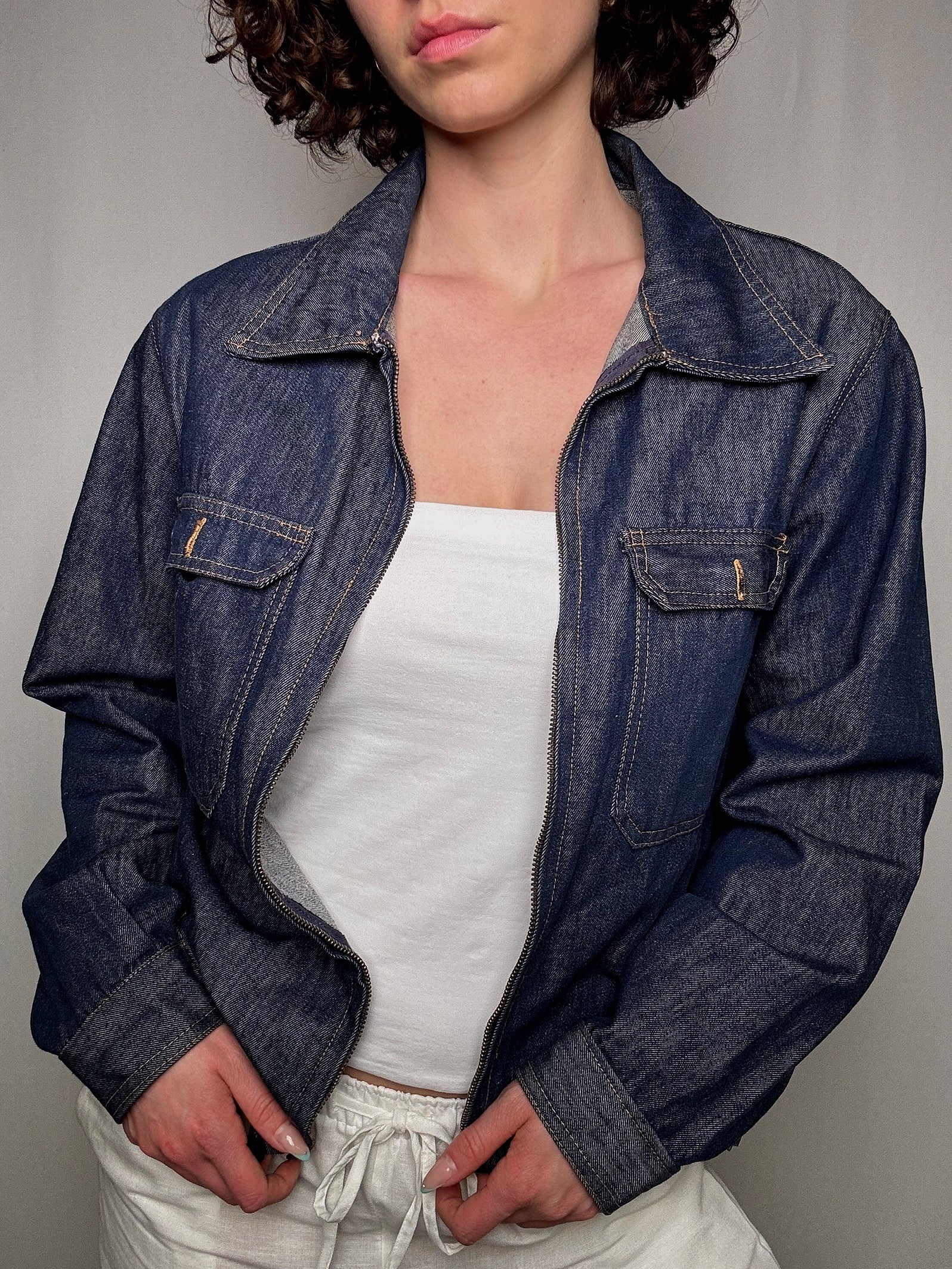Veste en denim brut avec zip XL vintage