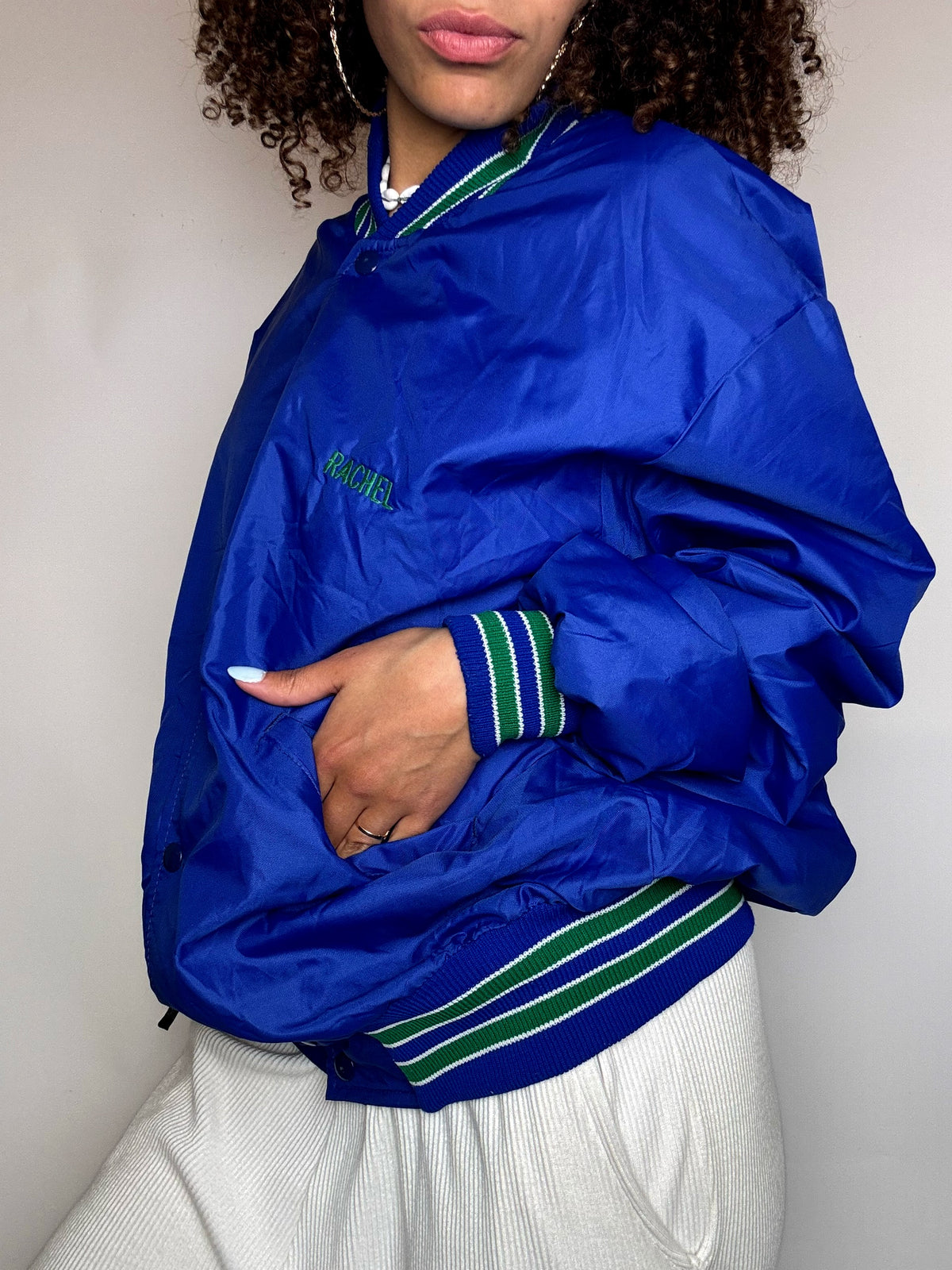 Vintage Silver and Blue Nylon Bomber Jacket L