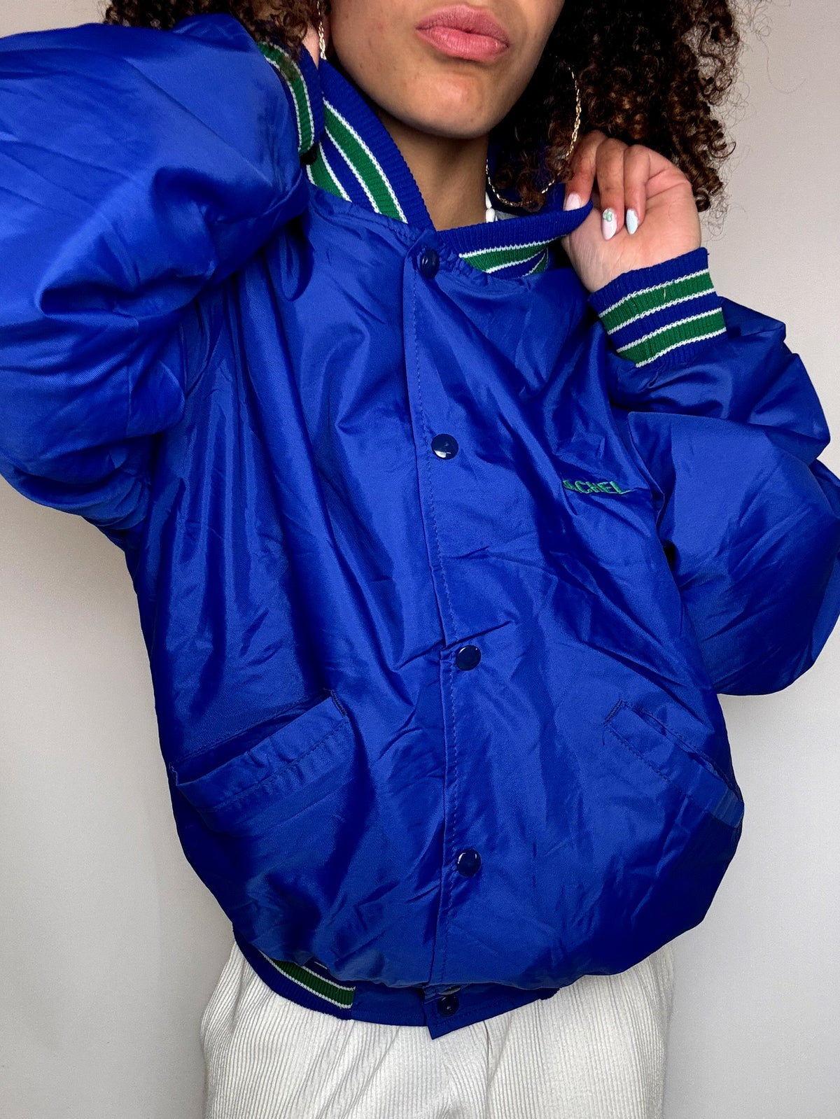 Vintage Silver and Blue Nylon Bomber Jacket L