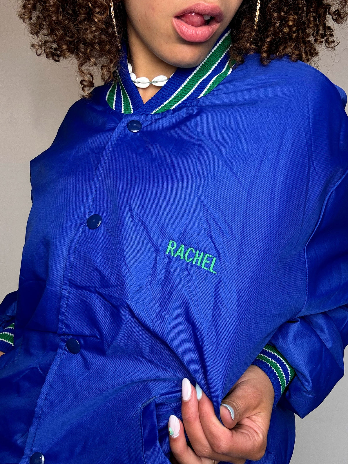 Vintage Silver and Blue Nylon Bomber Jacket L