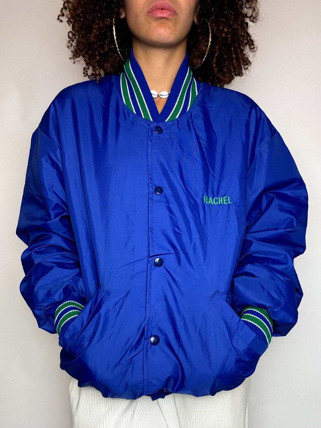 Vintage Silver and Blue Nylon Bomber Jacket L