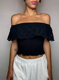 Schwarzes Vintage-Bauchfrei-Top im Boho-Stil, Größe XS/S