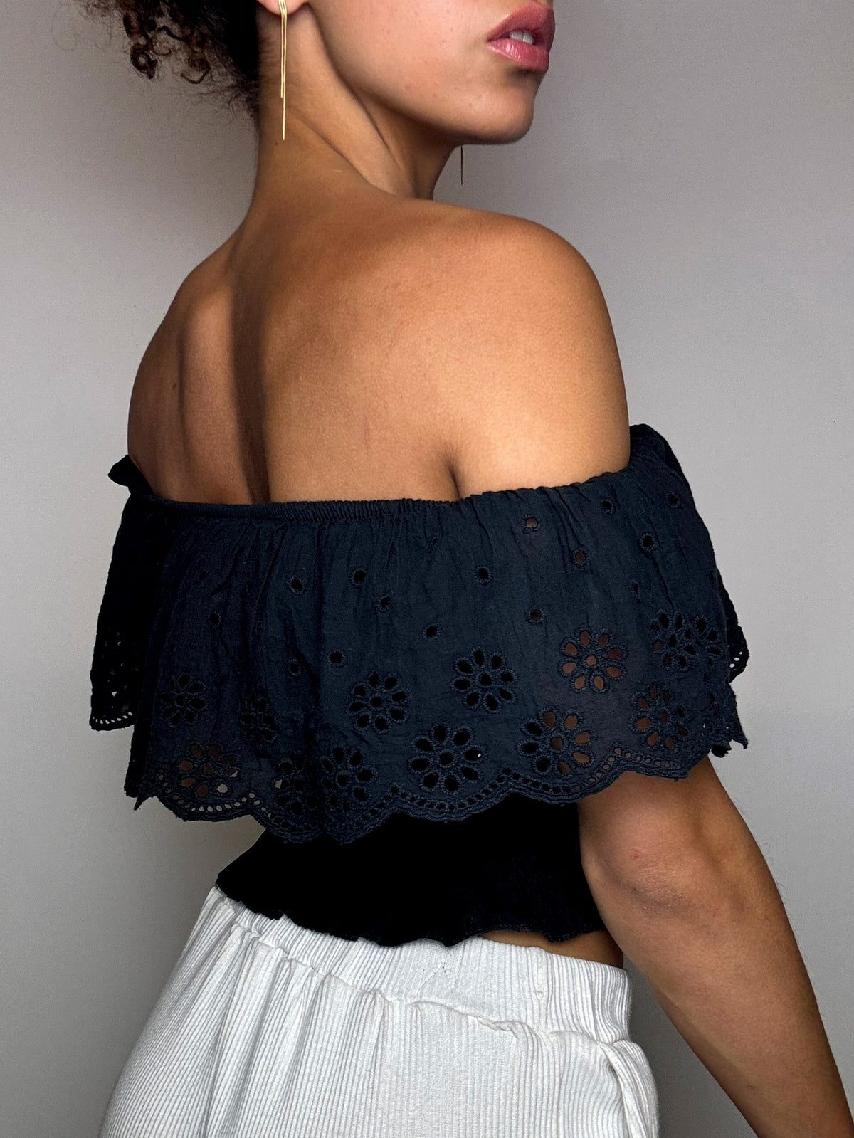 Schwarzes Vintage-Bauchfrei-Top im Boho-Stil, Größe XS/S