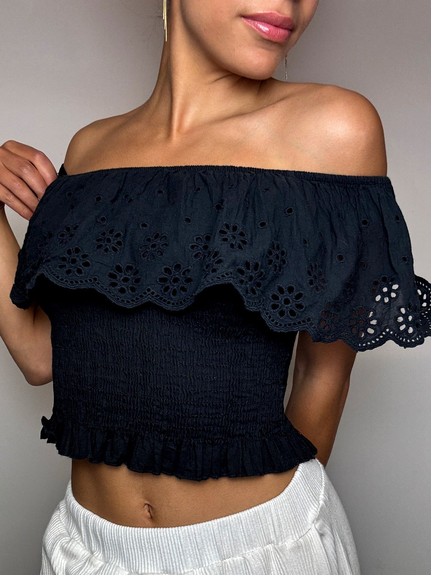 Schwarzes Vintage-Bauchfrei-Top im Boho-Stil, Größe XS/S
