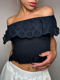 Schwarzes Vintage-Bauchfrei-Top im Boho-Stil, Größe XS/S