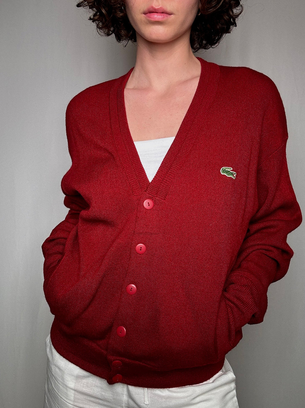 Rote Vintage-Lacoste-Strickjacke S