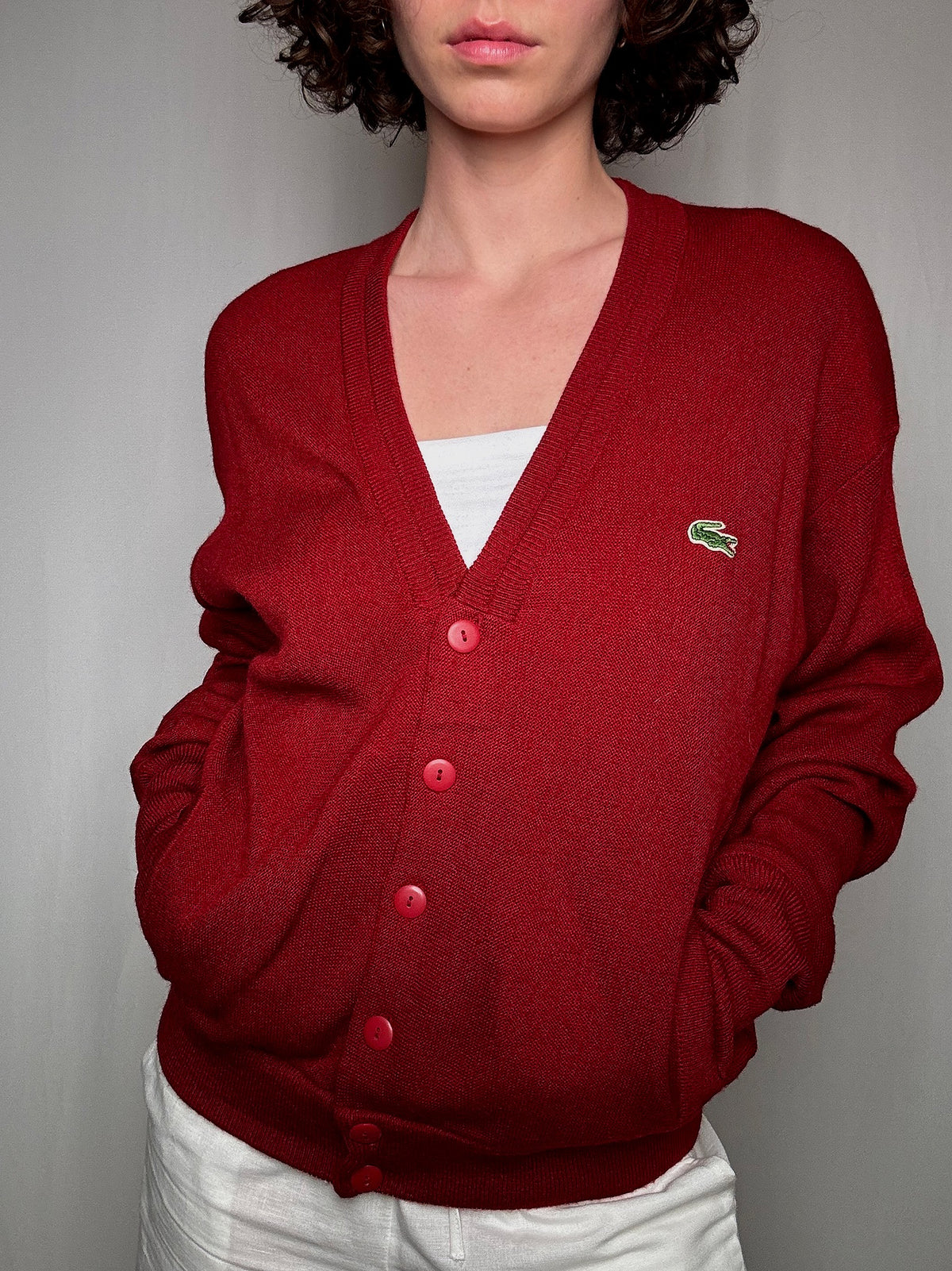 Rote Vintage-Lacoste-Strickjacke S