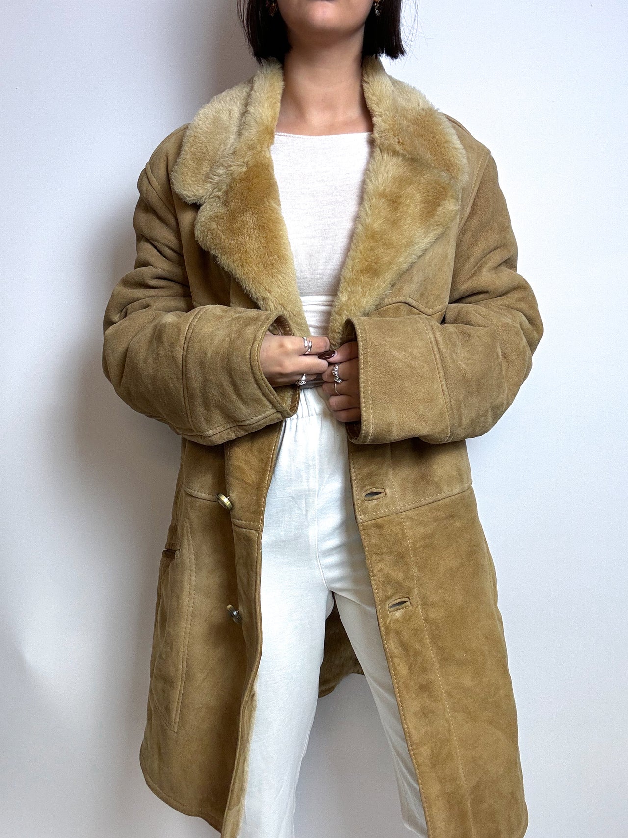 Beige shearling coat M 