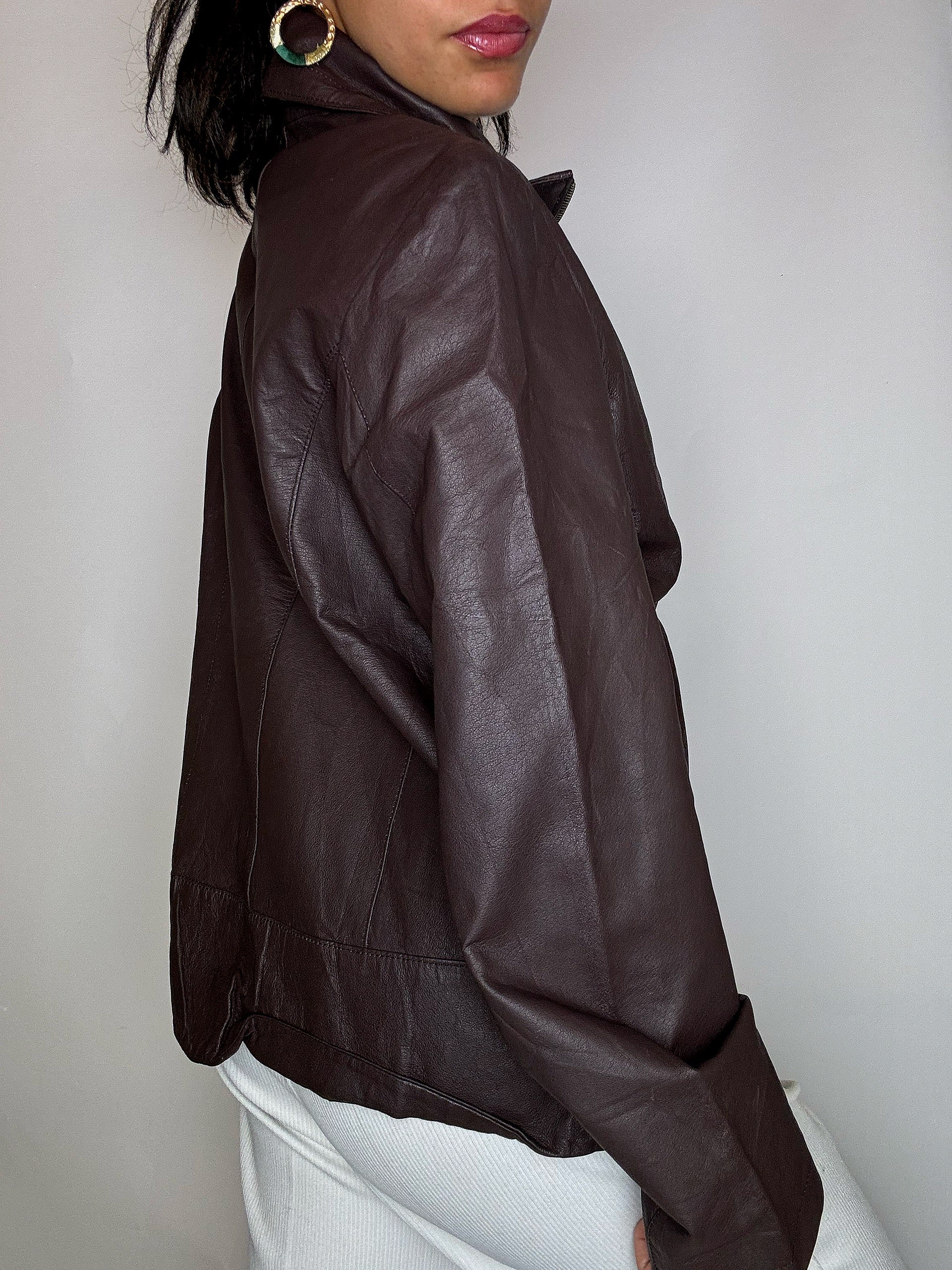 Vintage-Lederjacke in Burgunderrot, gerade geschnitten, Größe L