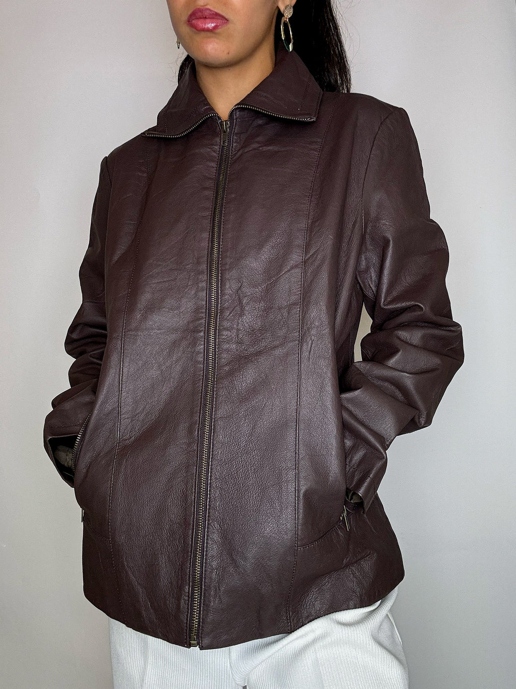 Vintage-Lederjacke in Burgunderrot, gerade geschnitten, Größe L