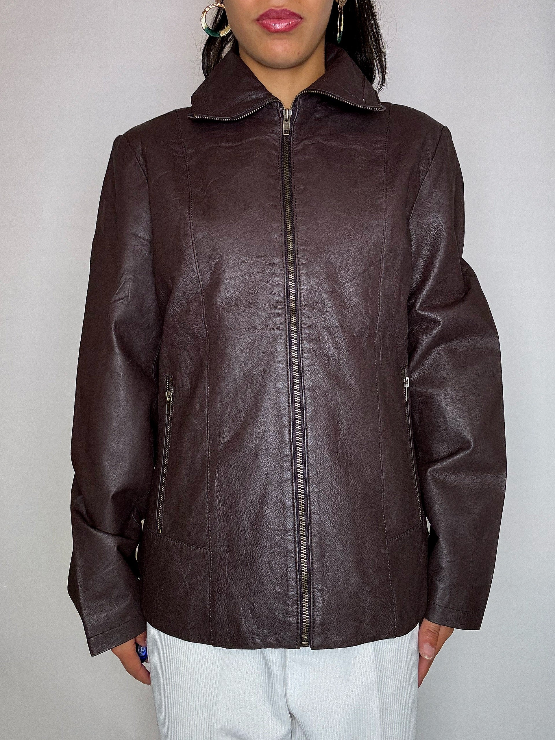 Vintage-Lederjacke in Burgunderrot, gerade geschnitten, Größe L