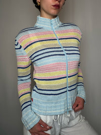 Cardigan a zip à rayures pastel M vintage