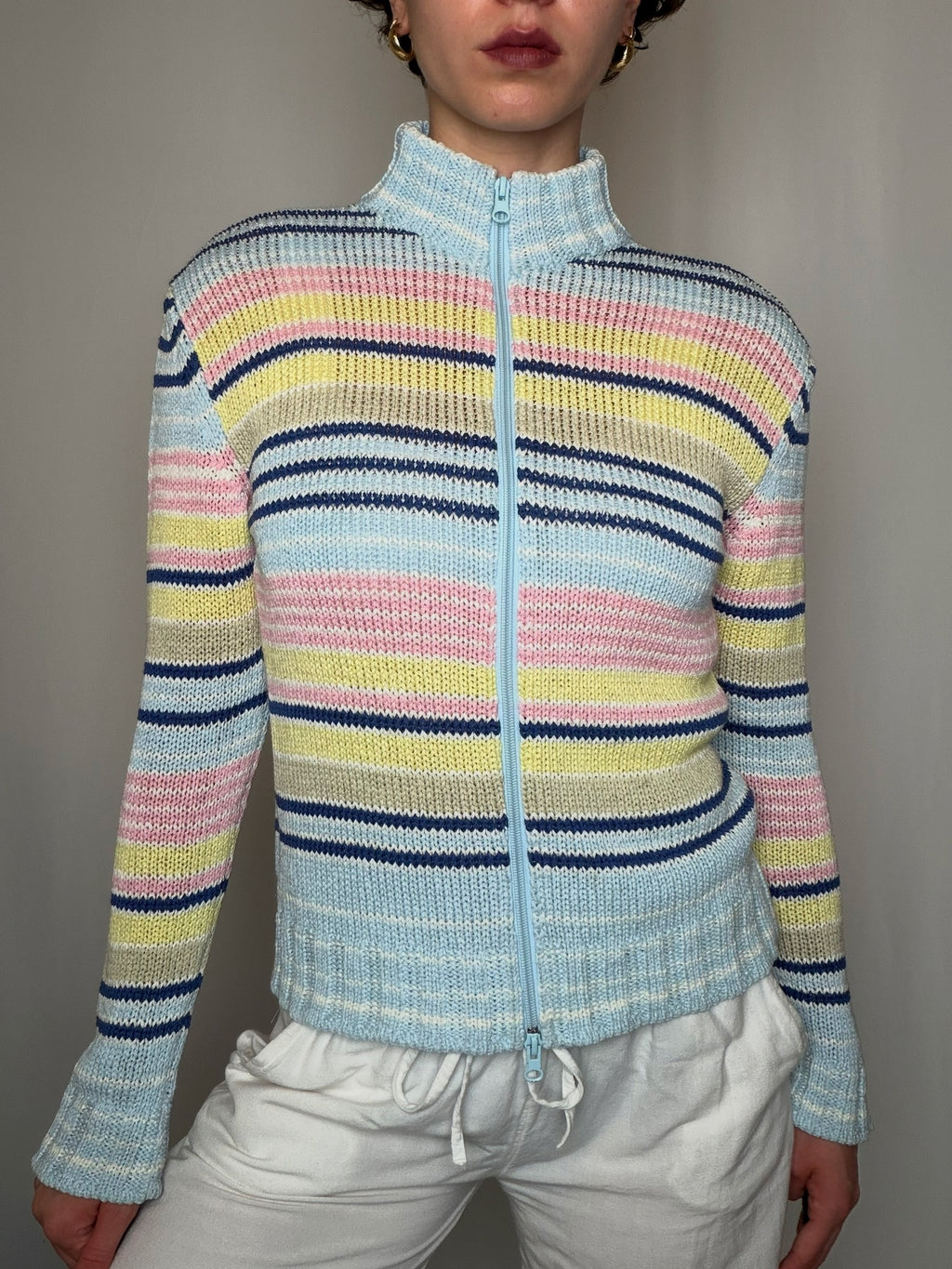 Cardigan a zip à rayures pastel M vintage