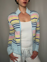 Cardigan a zip à rayures pastel M vintage