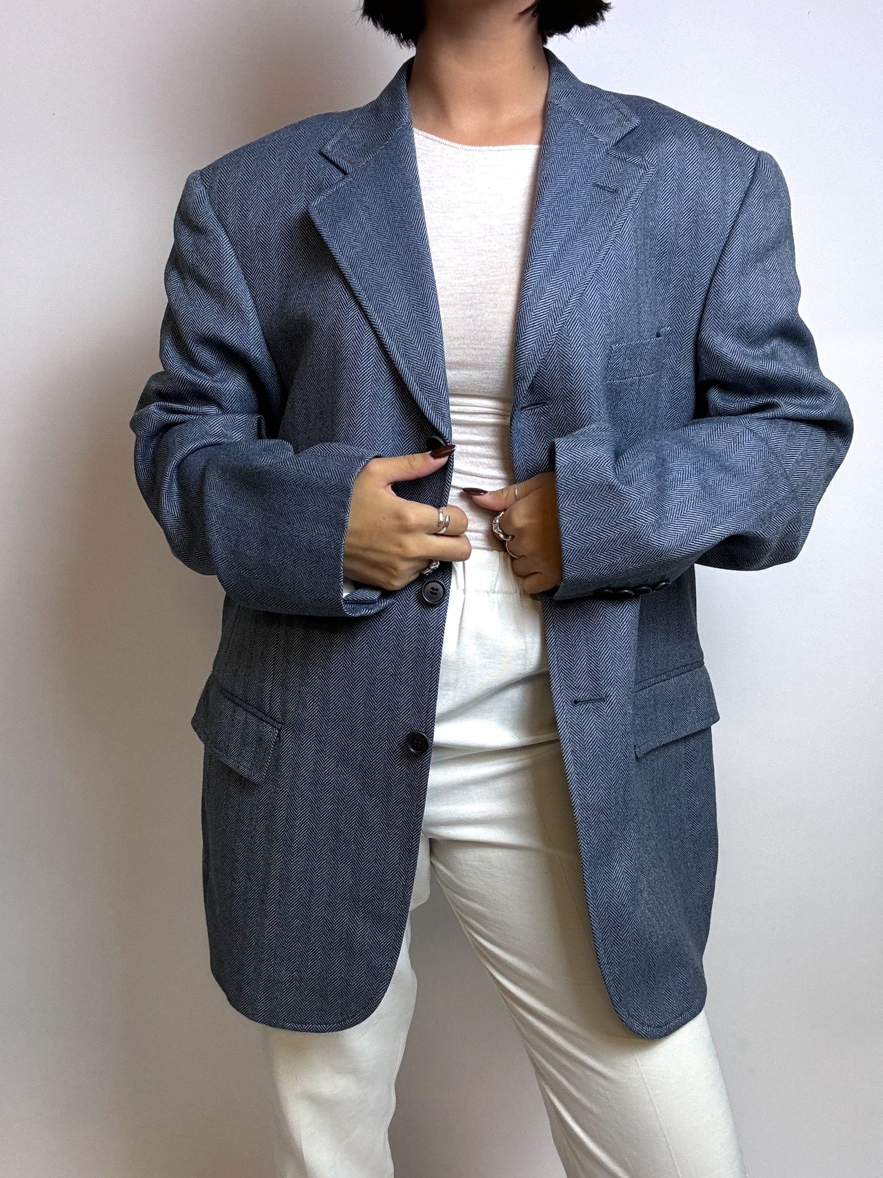 Vintage blue/gray wool herringbone blazer M/L