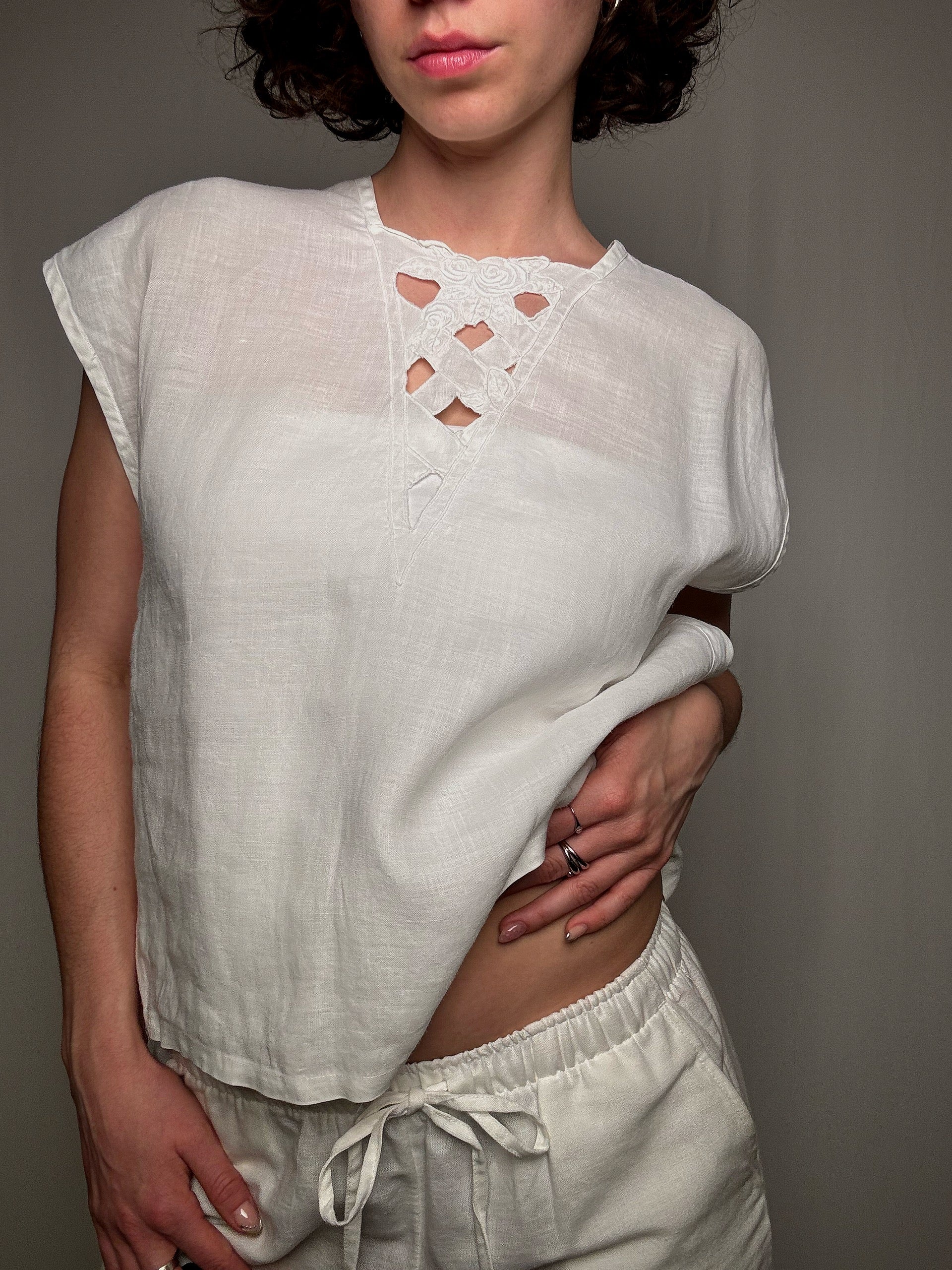 Top en lin blanc L vintage