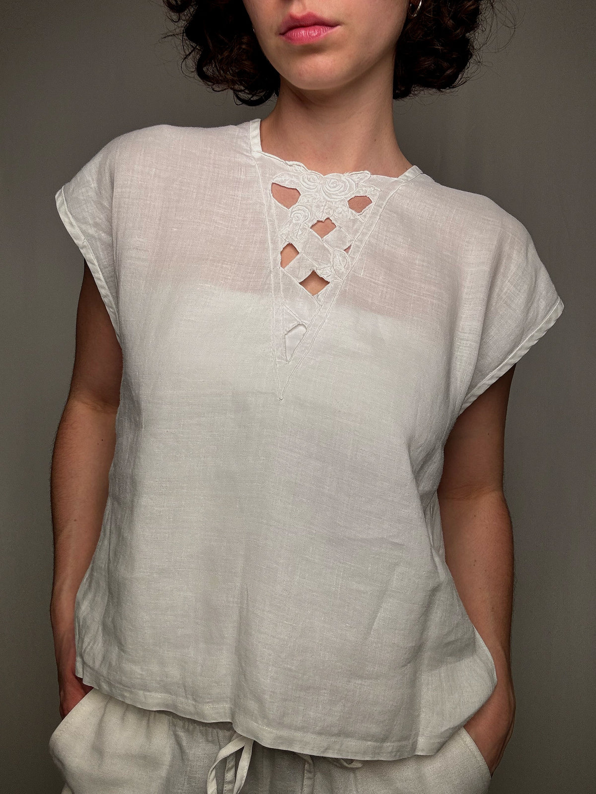 Top en lin blanc L vintage