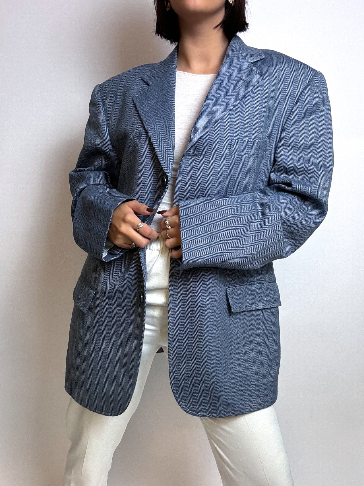 Vintage blue/gray wool herringbone blazer M/L