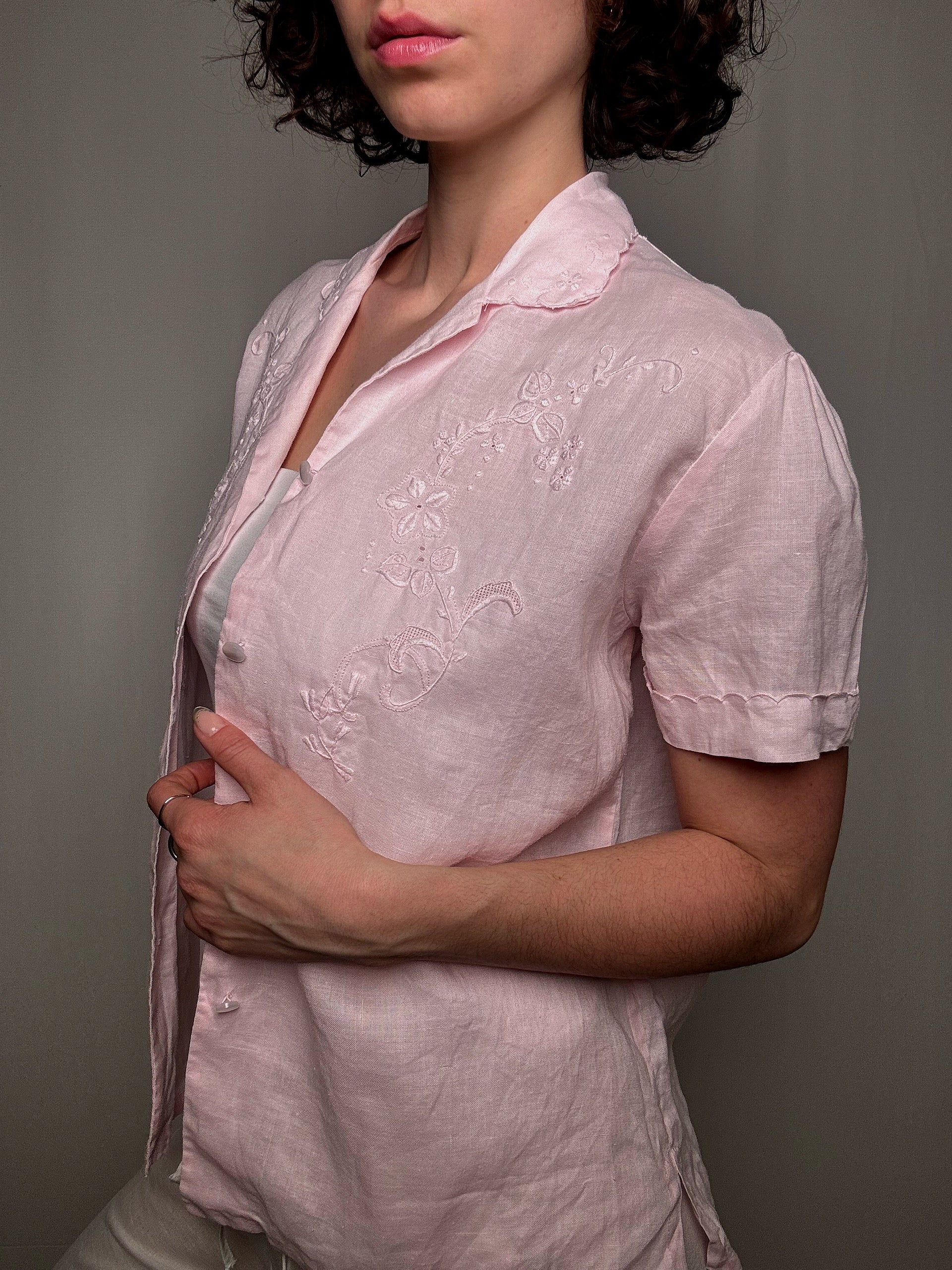 Chemisier brodé en lin M/L vintage