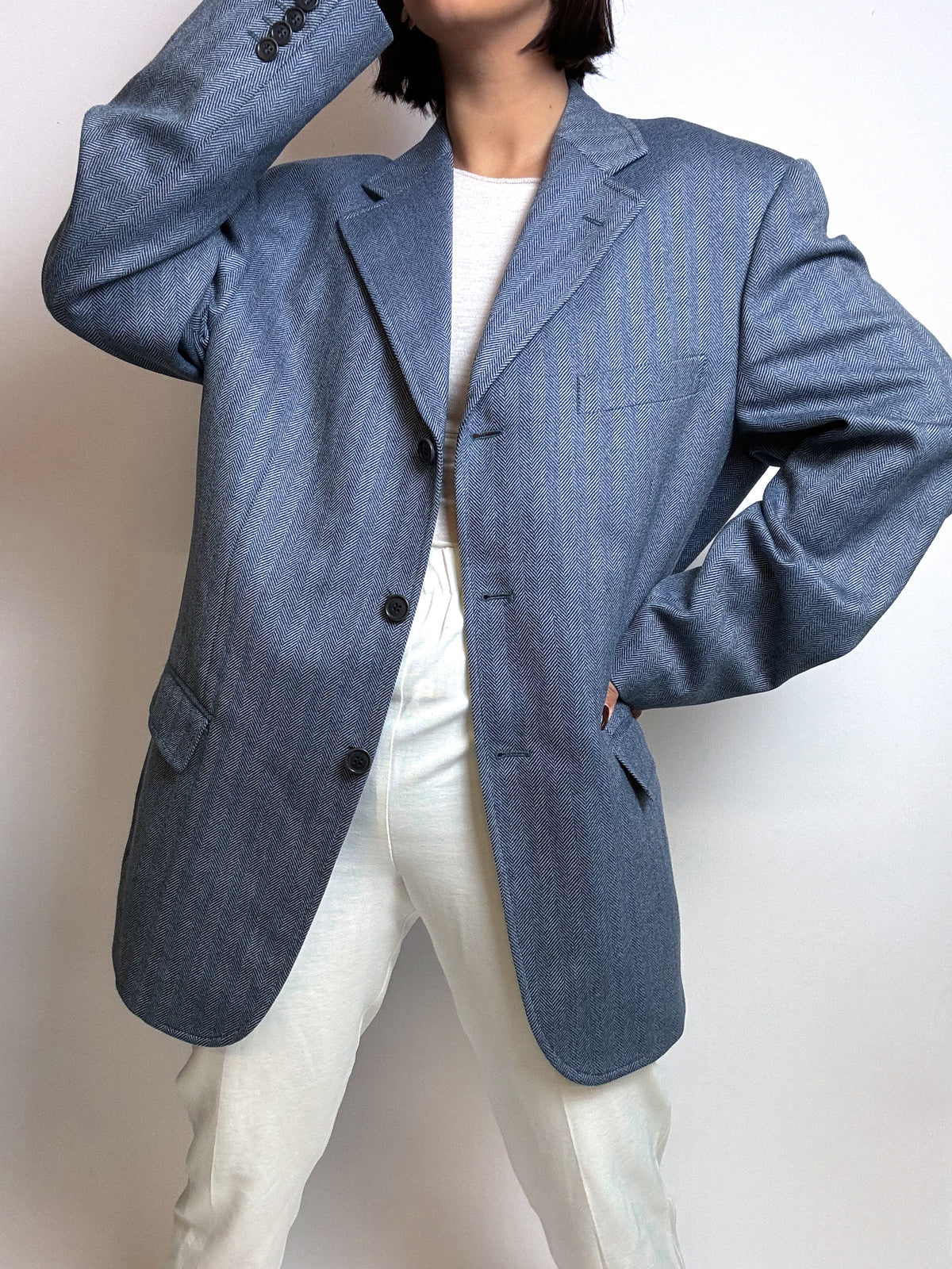 Vintage blue/gray wool herringbone blazer M/L