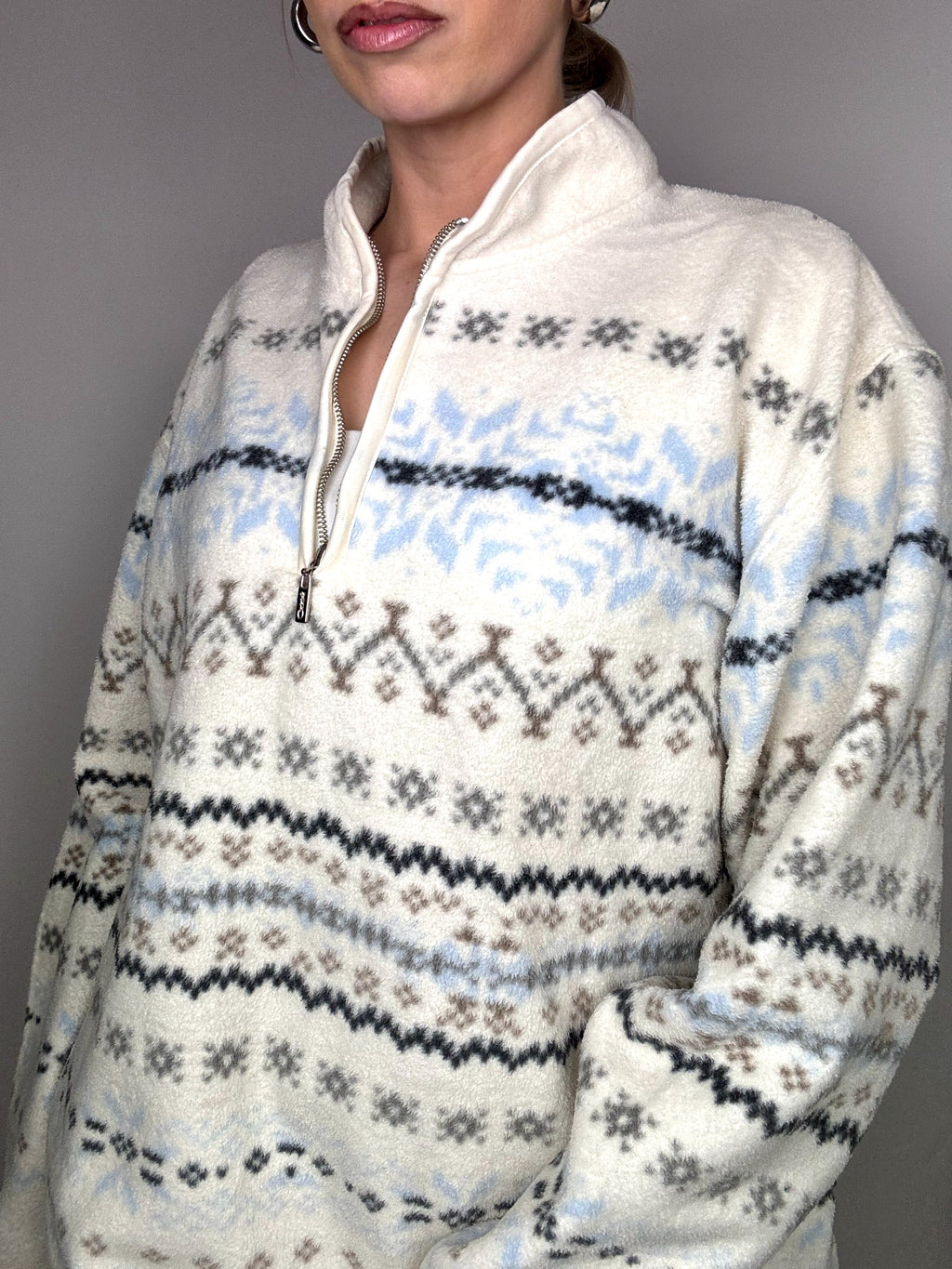 White fleece jacket with winter pattern XL Vintage
