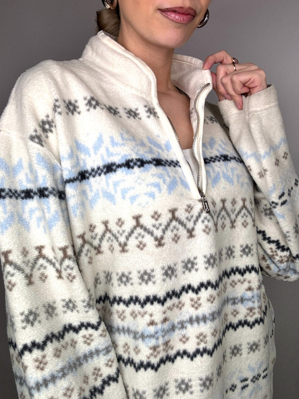 White fleece jacket with winter pattern XL Vintage