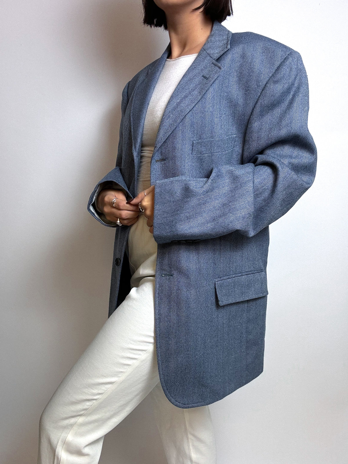 Vintage blue/gray wool herringbone blazer M/L