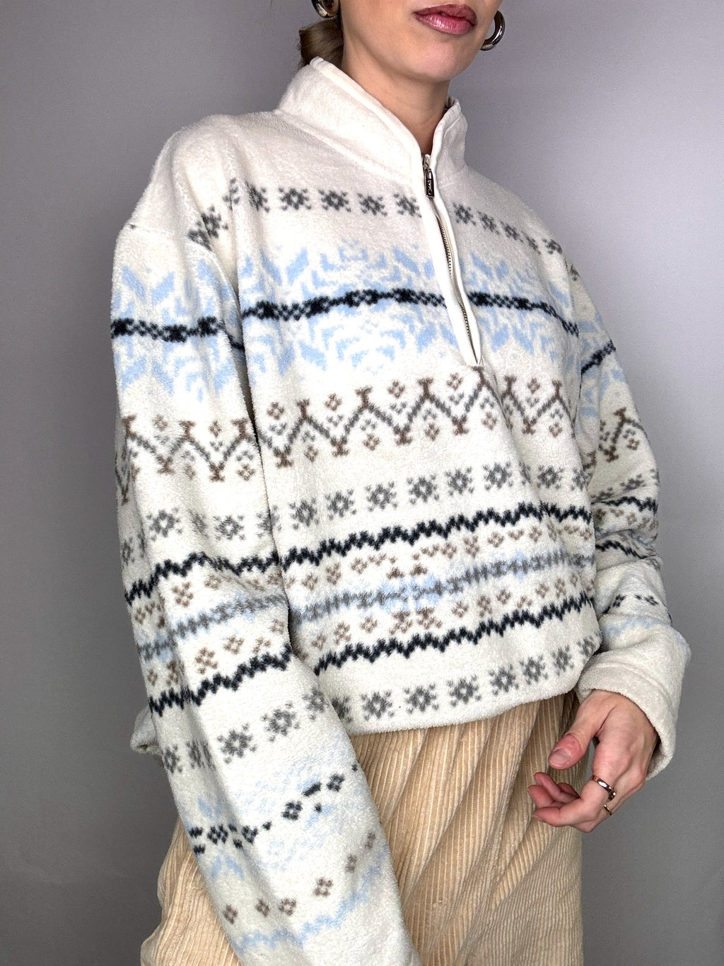 White fleece jacket with winter pattern XL Vintage