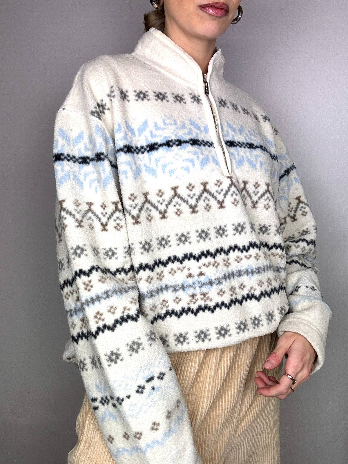 White fleece jacket with winter pattern XL Vintage