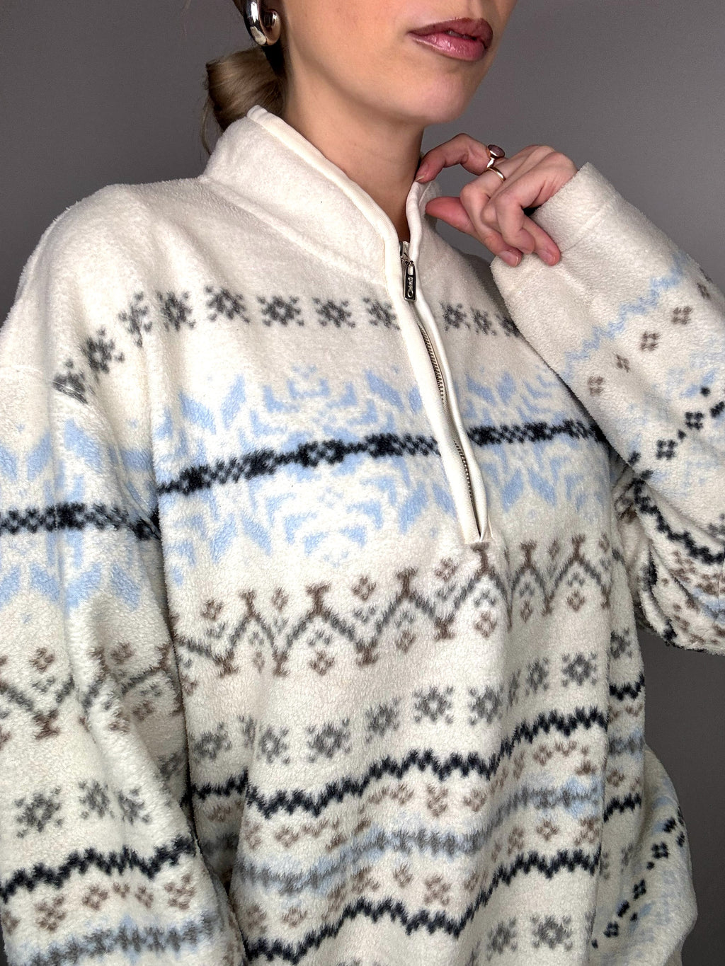 White fleece jacket with winter pattern XL Vintage