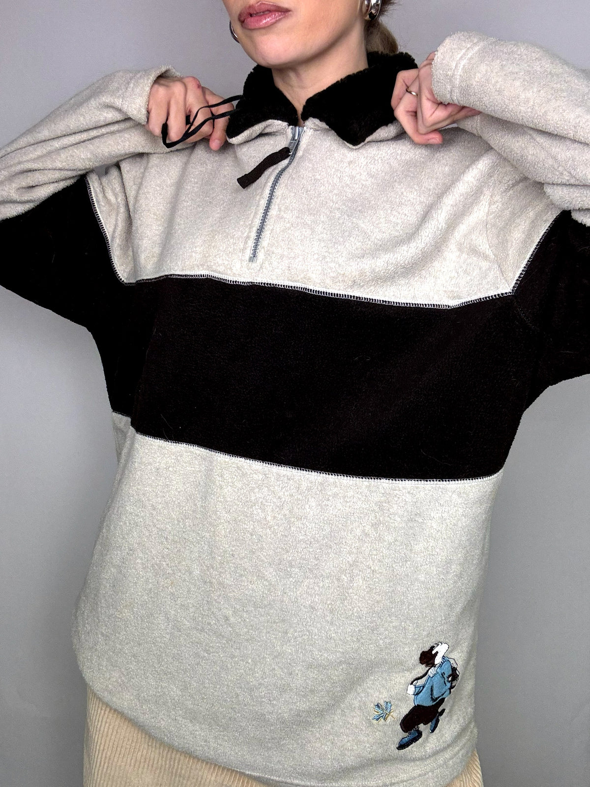 Fine fleece with black and gray two-tone terry collar XL Vintage