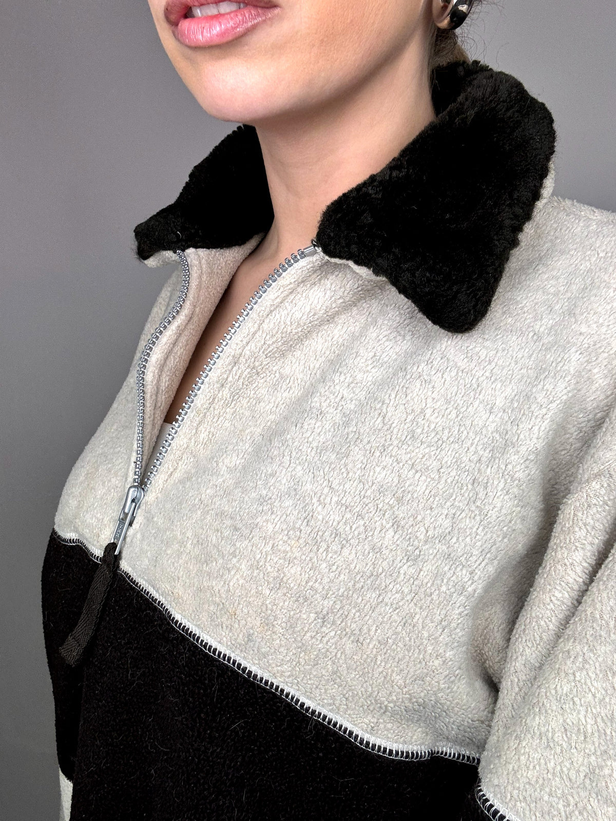 Fine fleece with black and gray two-tone terry collar XL Vintage