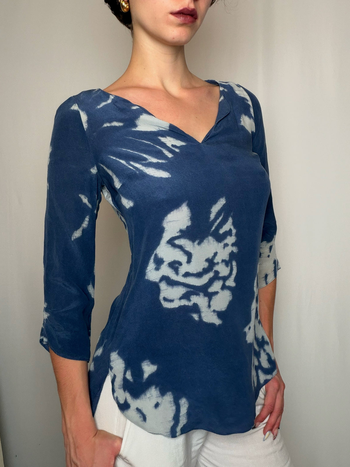 Tunique fluide en soie bleue S vintage