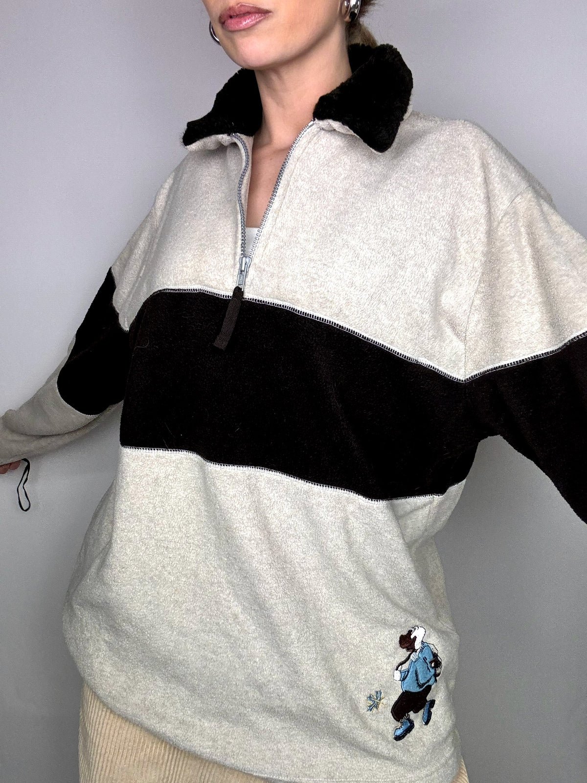 Fine fleece with black and gray two-tone terry collar XL Vintage