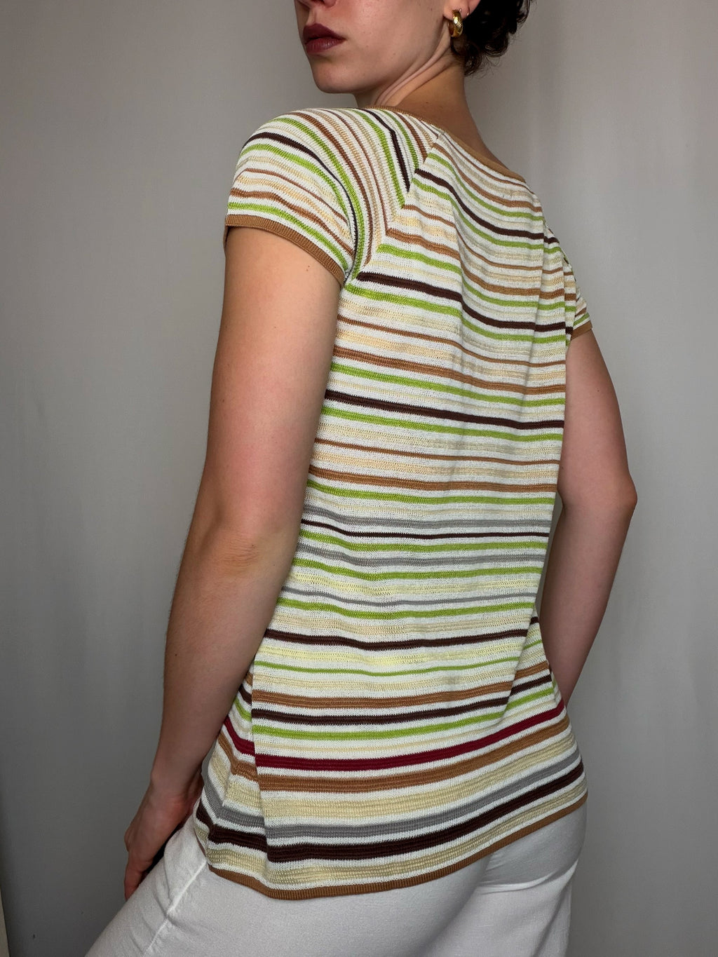 Top en mailles rayures brun, beige et vert L vintage