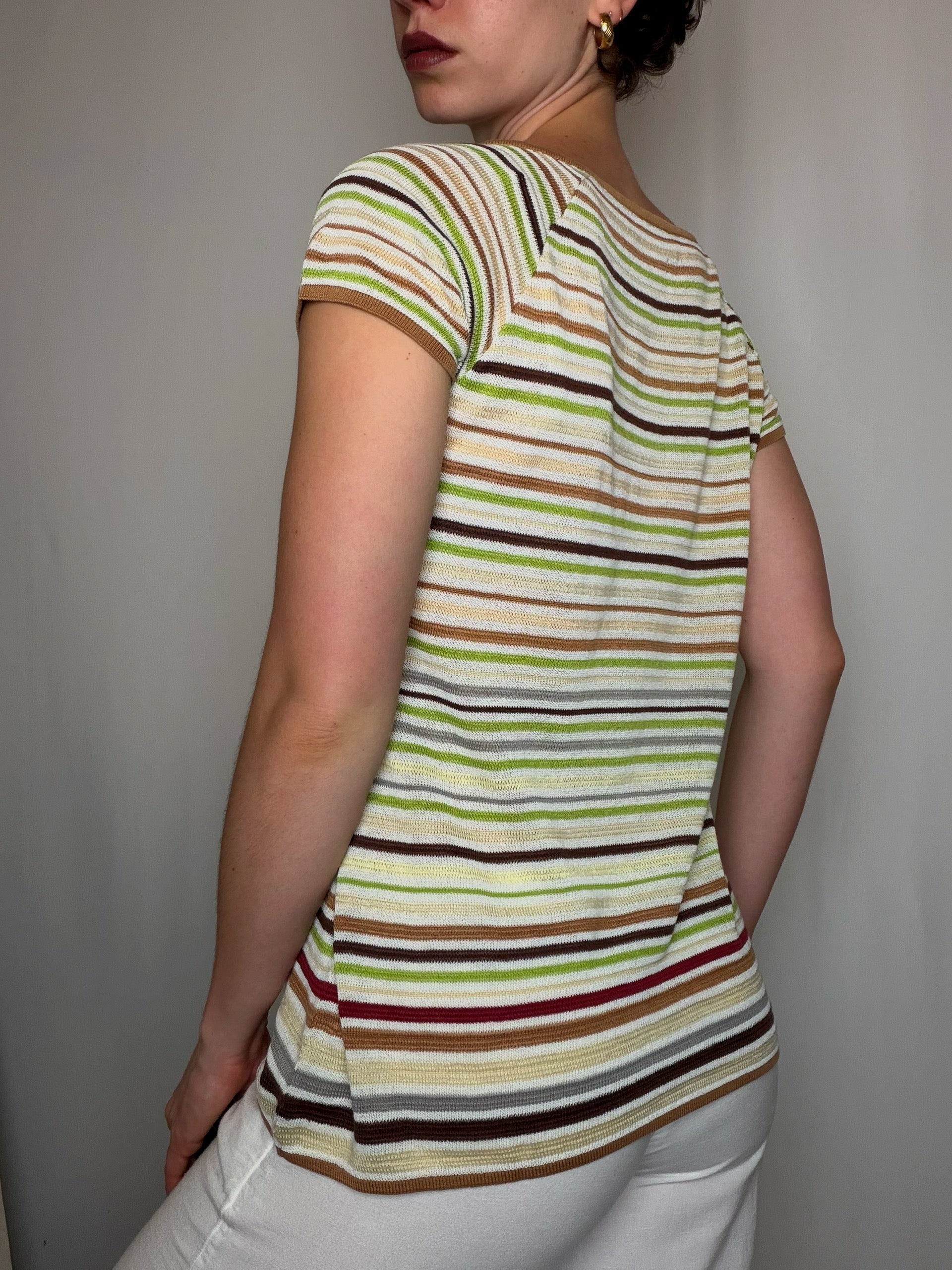 Top en mailles rayures brun, beige et vert L vintage