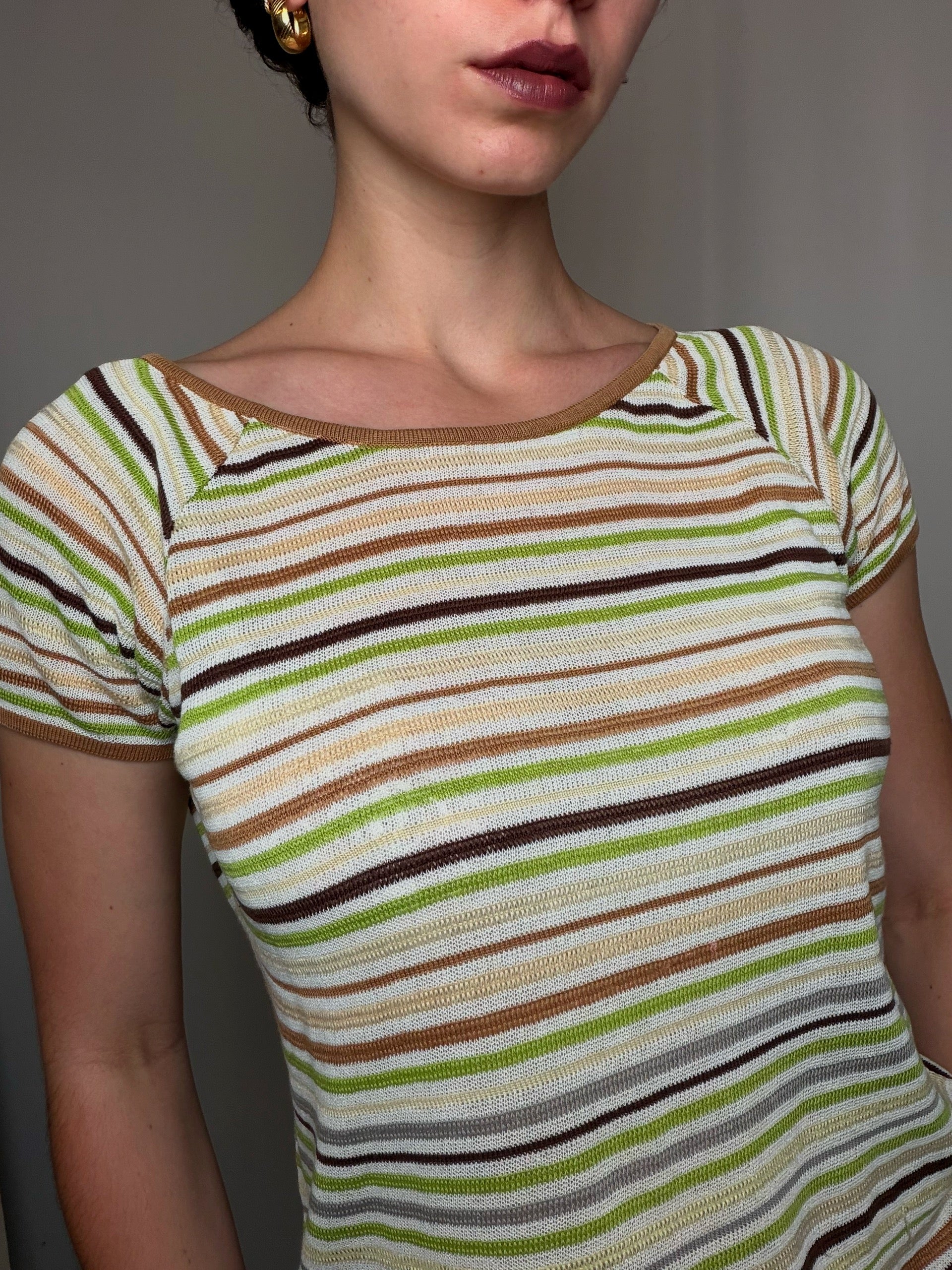 Top en mailles rayures brun, beige et vert L vintage