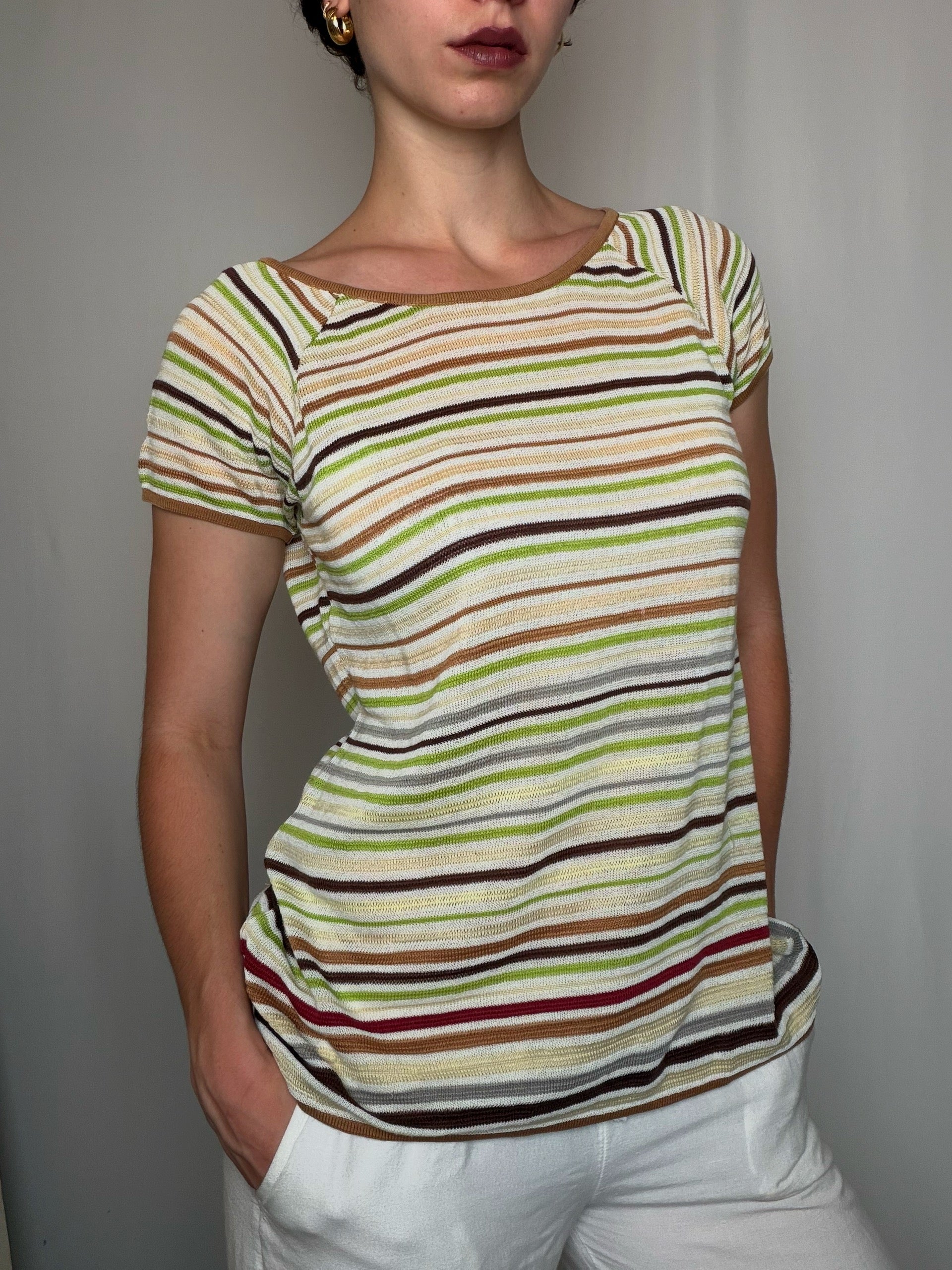 Top en mailles rayures brun, beige et vert L vintage