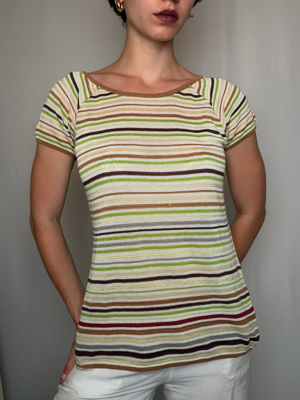 Top en mailles rayures brun, beige et vert L vintage