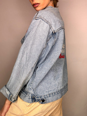 Veste en denim avec patch style racing L vintage