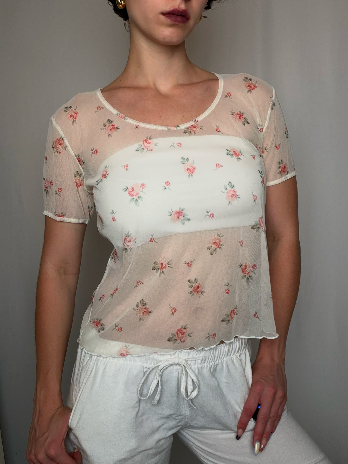 Top en mesh à fleurs L vintage