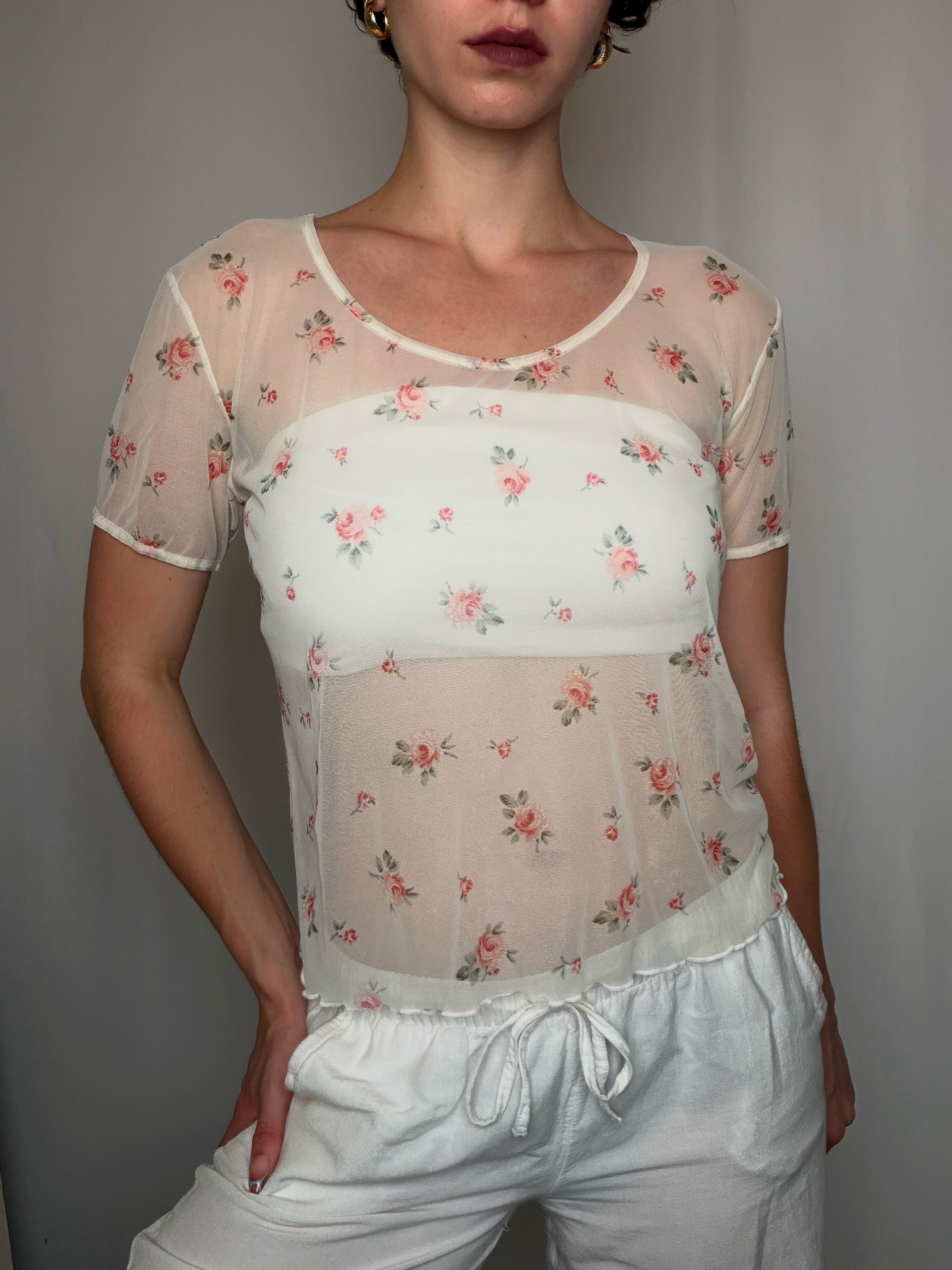 Top en mesh à fleurs L vintage