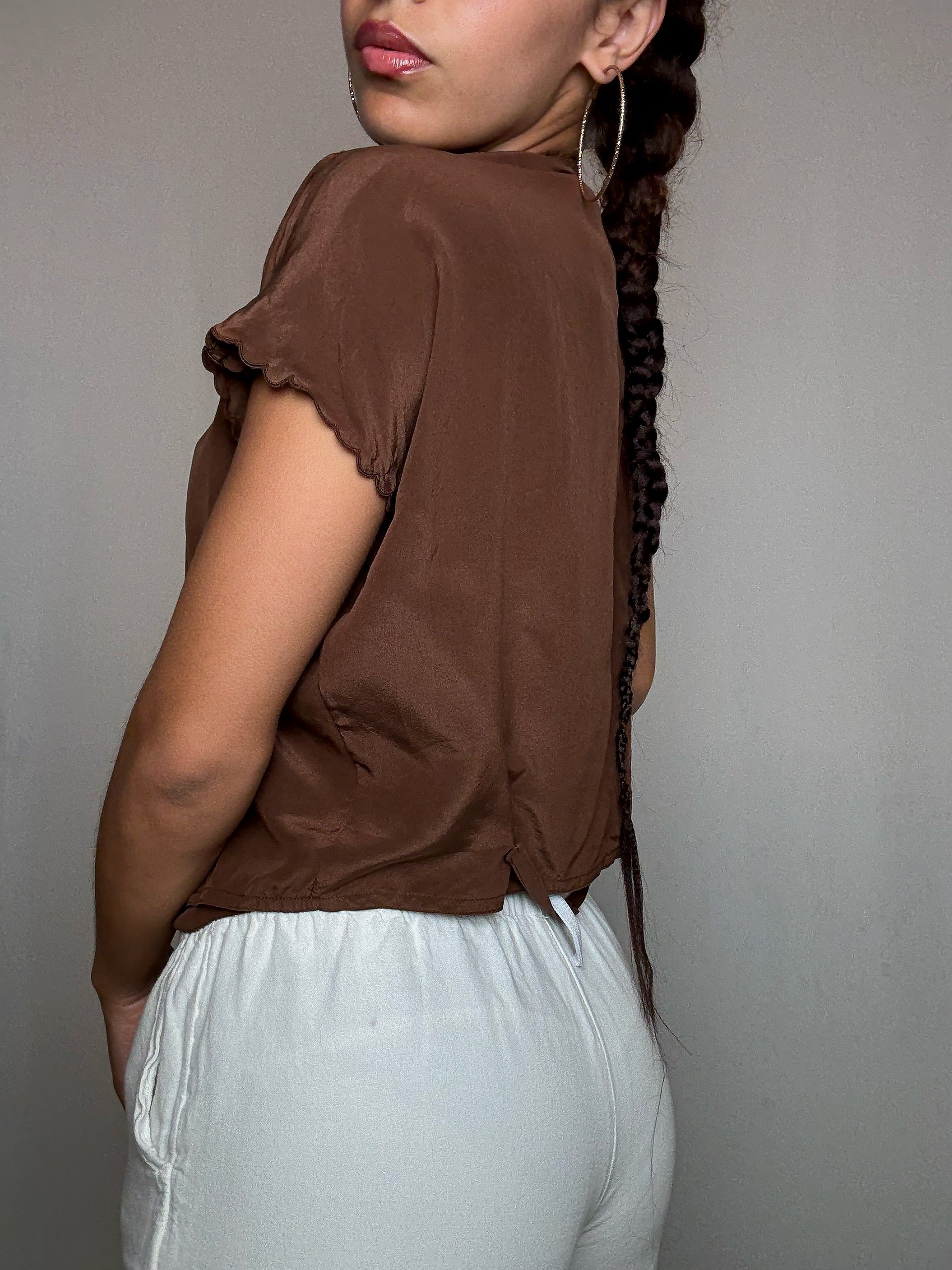 Top en soie brun S vintage