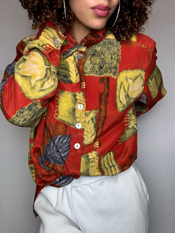 Vintage abstract print flowing shirt L