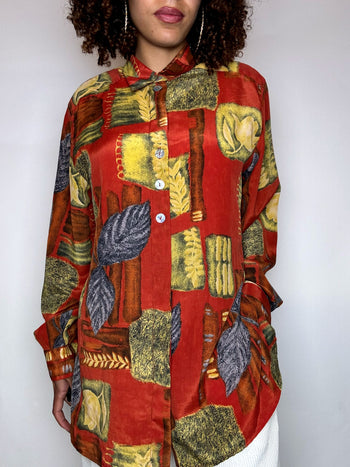 Vintage abstract print flowing shirt L
