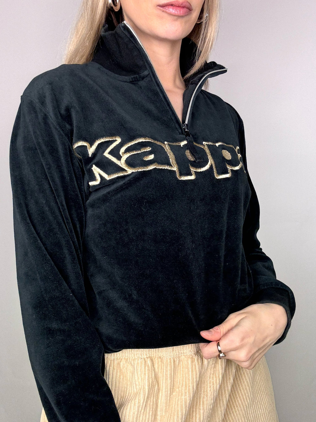 KAPPA L Vintage-Sweatshirt aus Velours mit Reißverschluss