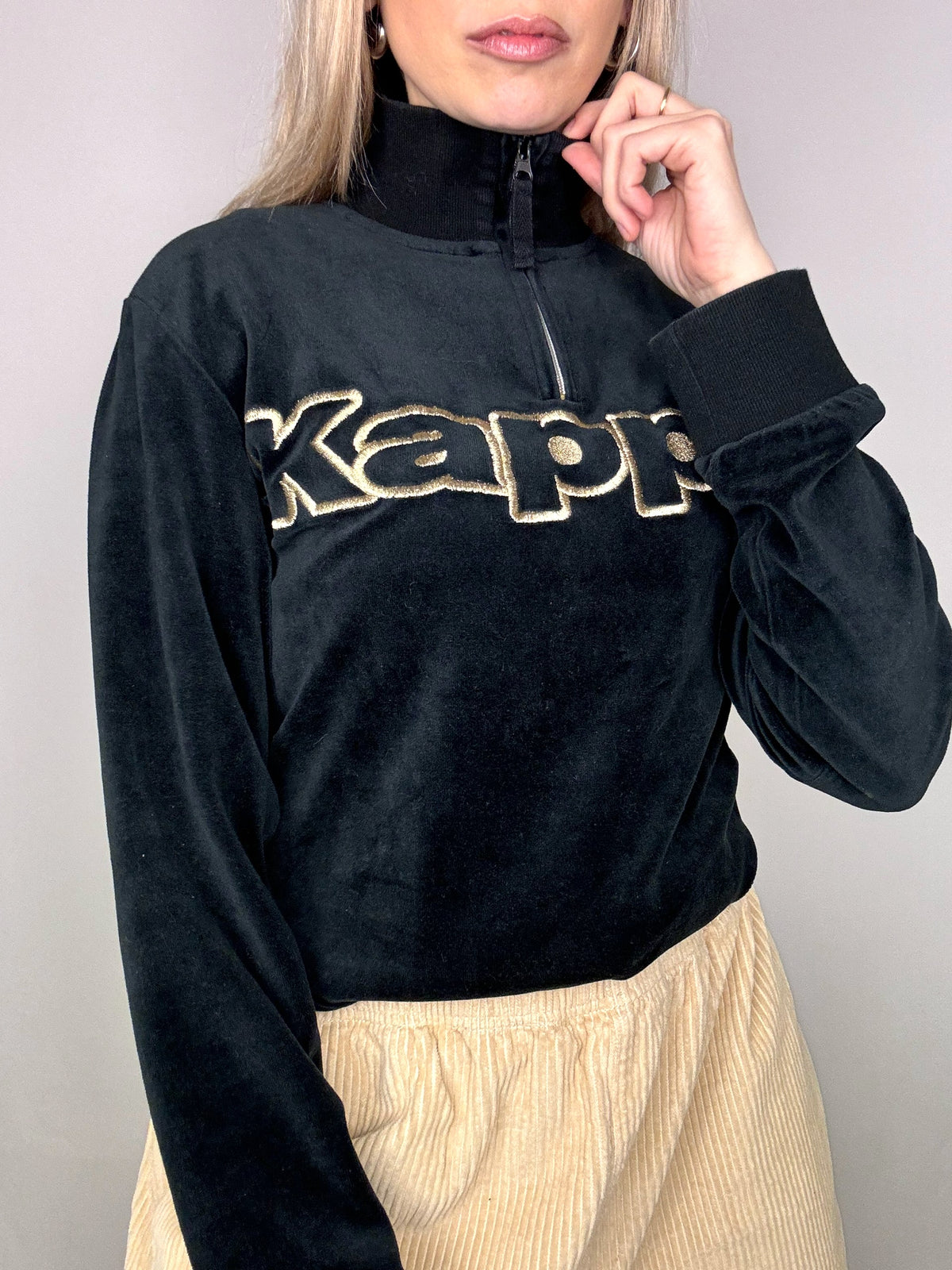 KAPPA L Vintage-Sweatshirt aus Velours mit Reißverschluss