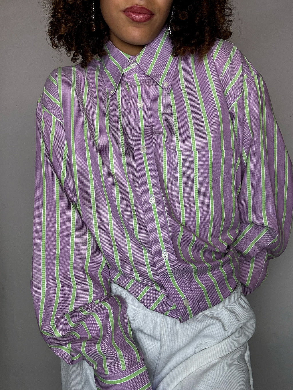 Chemise rayée rose et vert L vintage