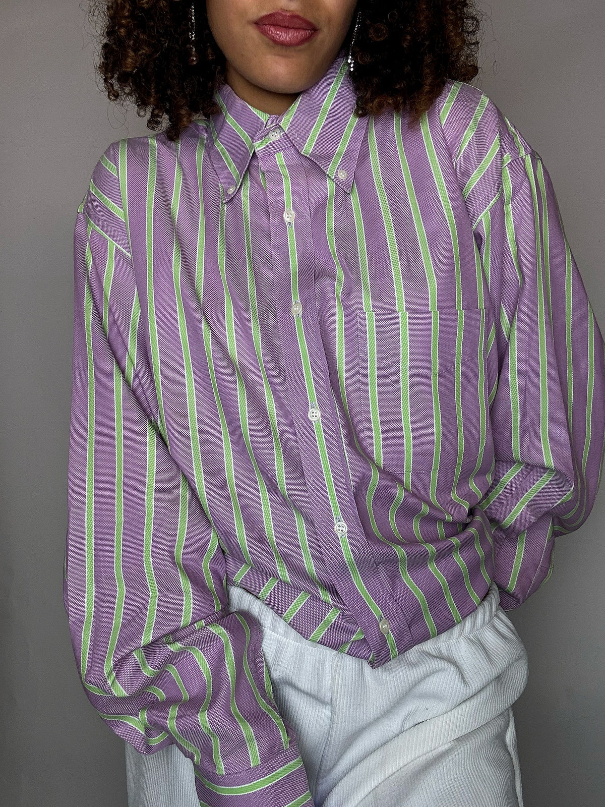Chemise rayée rose et vert L vintage
